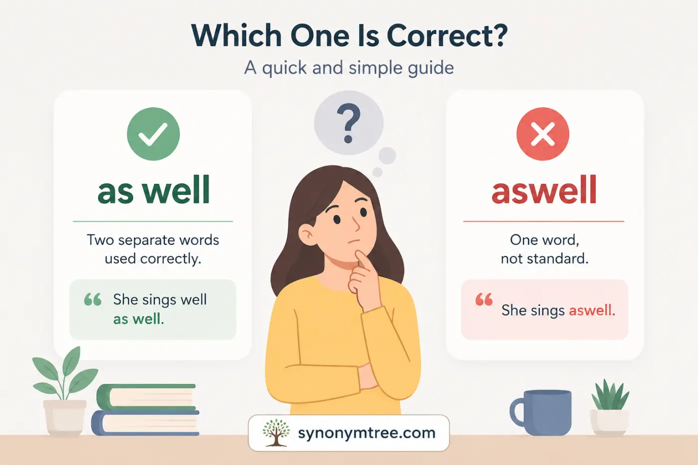 As Well Vs As Well Which Is Correct Final Answer If you ask as well vs as well which is correct, the answer is easy. Always use as well with a space. Do not use aswell in standard English writing. It is usually a typing mistake and not an accepted spelling.
