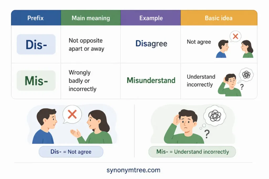 Comparison Table for dis and mis prefixes